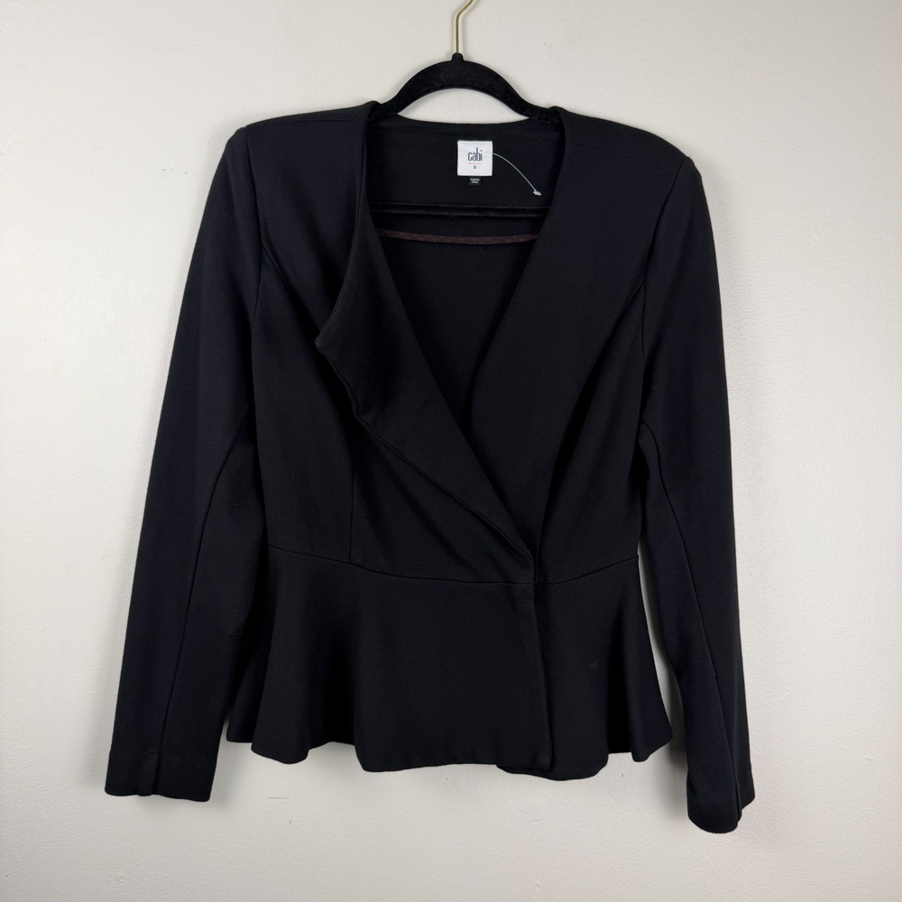 Cabi Peplum Blazer Jacket Women's 6 Black Ponte Knit Wrap Front Career Dressy